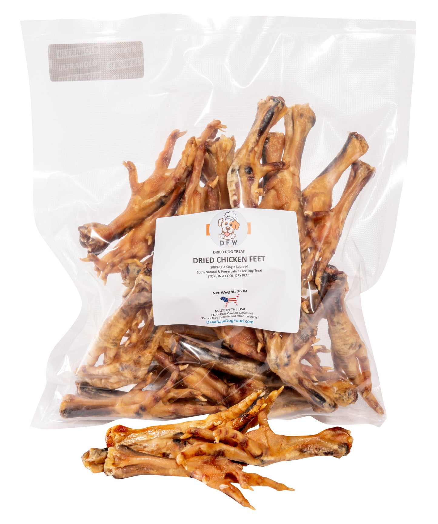 Dried chicken feet in a clear plastic package, offering healthy joints and dental support for dogs.