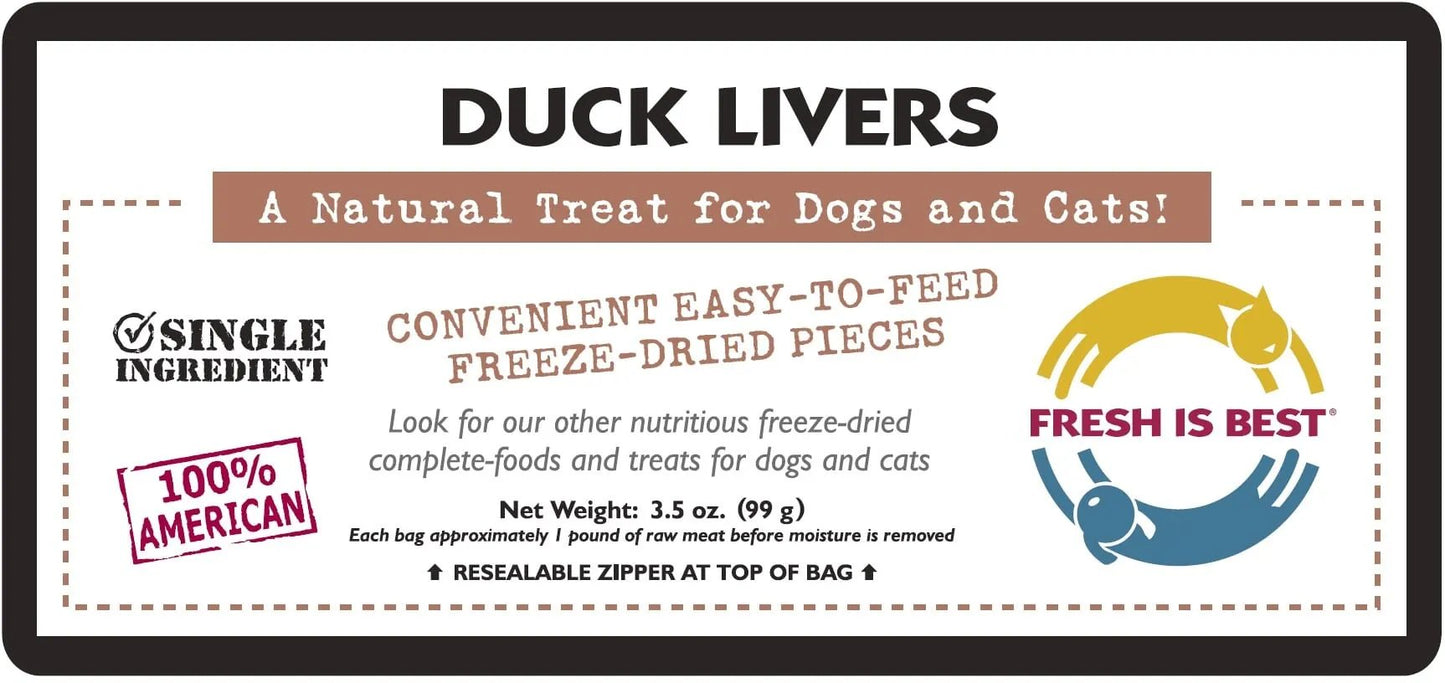 Freeze dried duck liver treats for dogs and cats, single ingredient, 100% American.