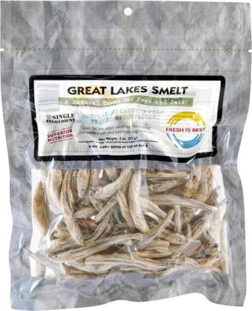 Freeze Dried Great Lakes Smelt pet treats in resealable package.