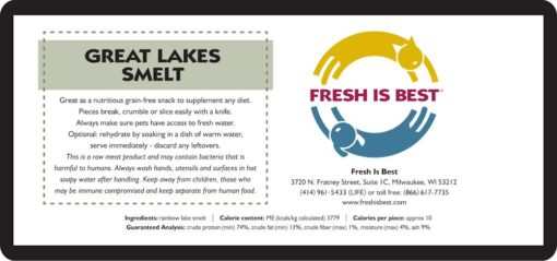 Freeze dried Great Lakes smelt pet treats package with Fresh Is Best logo.