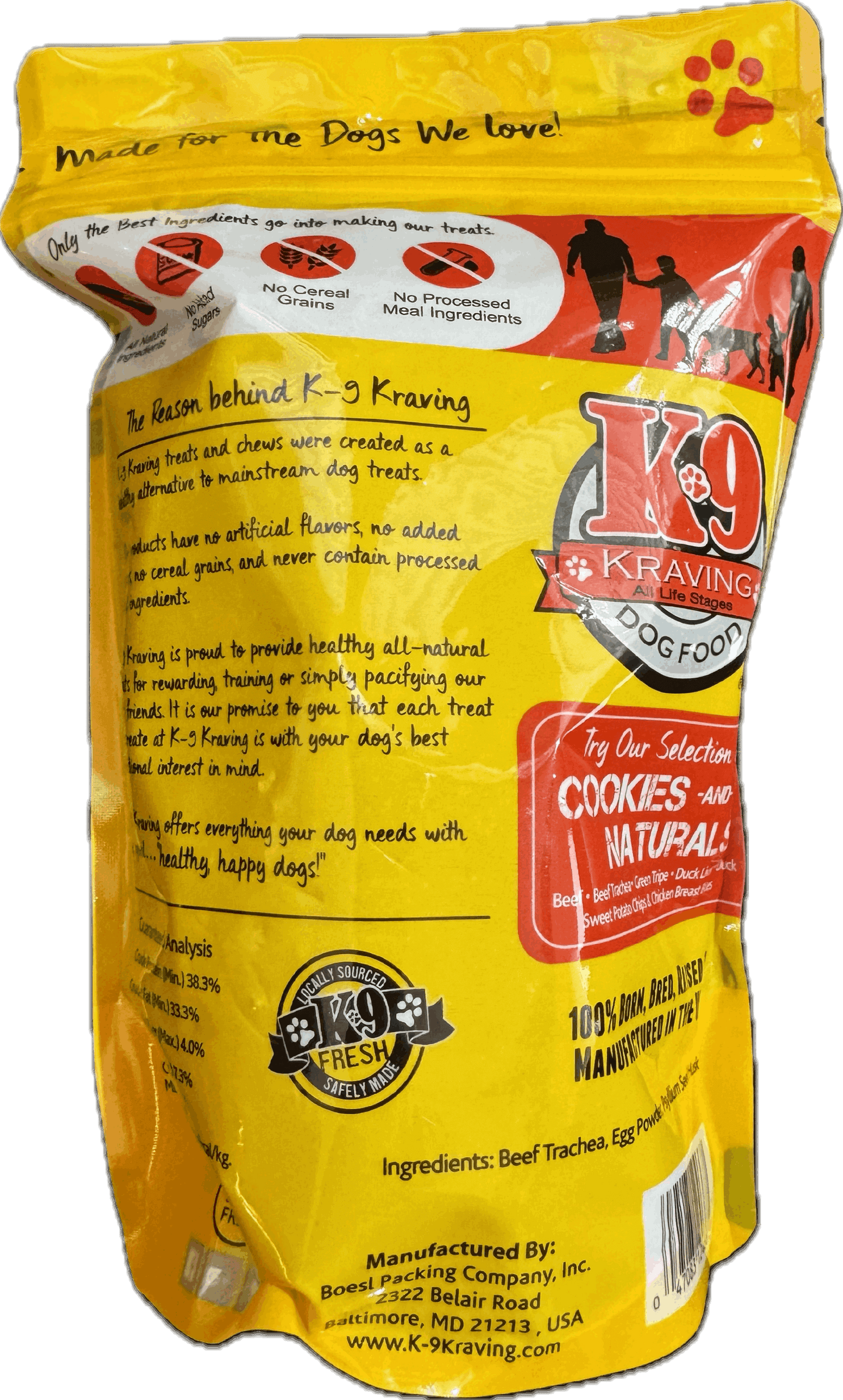 Beef Trachea K-9 Cookies packaging, 100% USA sourced dog treat with natural ingredients, suitable for all breeds and sizes.