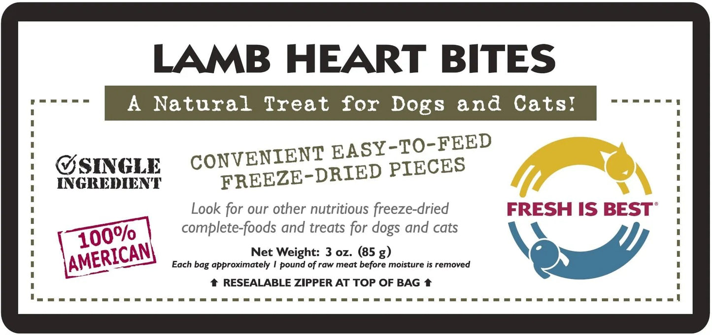 Packaging of Freeze Dried Lamb Heart Bites for dogs and cats, highlighting natural, single-ingredient, and convenient freeze-dried pieces, 100% American.