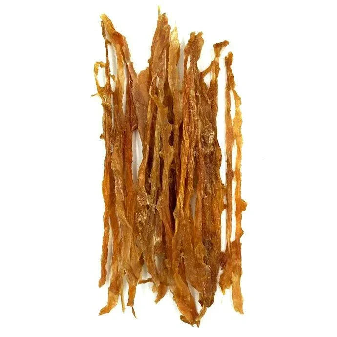 Resealable bag of long, thin baked turkey tendons for dogs, protein-rich and low-fat chew treat