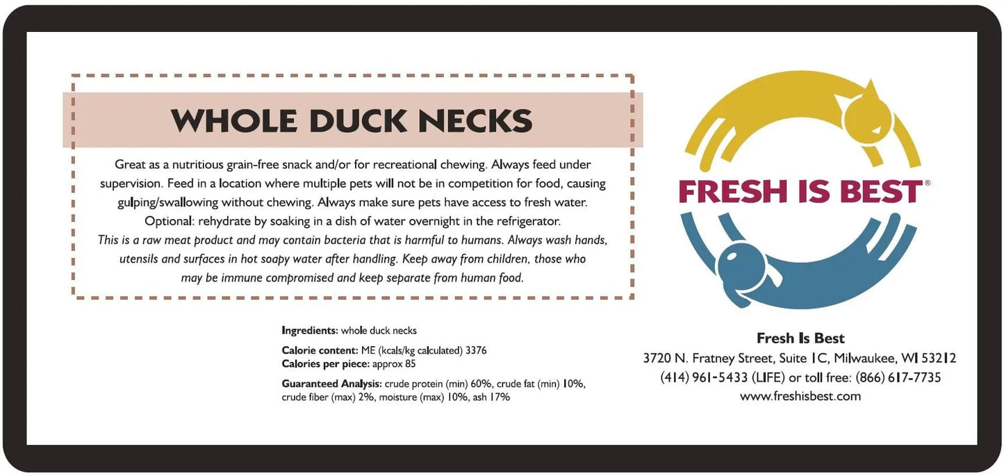 Freeze dried whole duck necks pet treat packaging with ingredients and nutritional information.