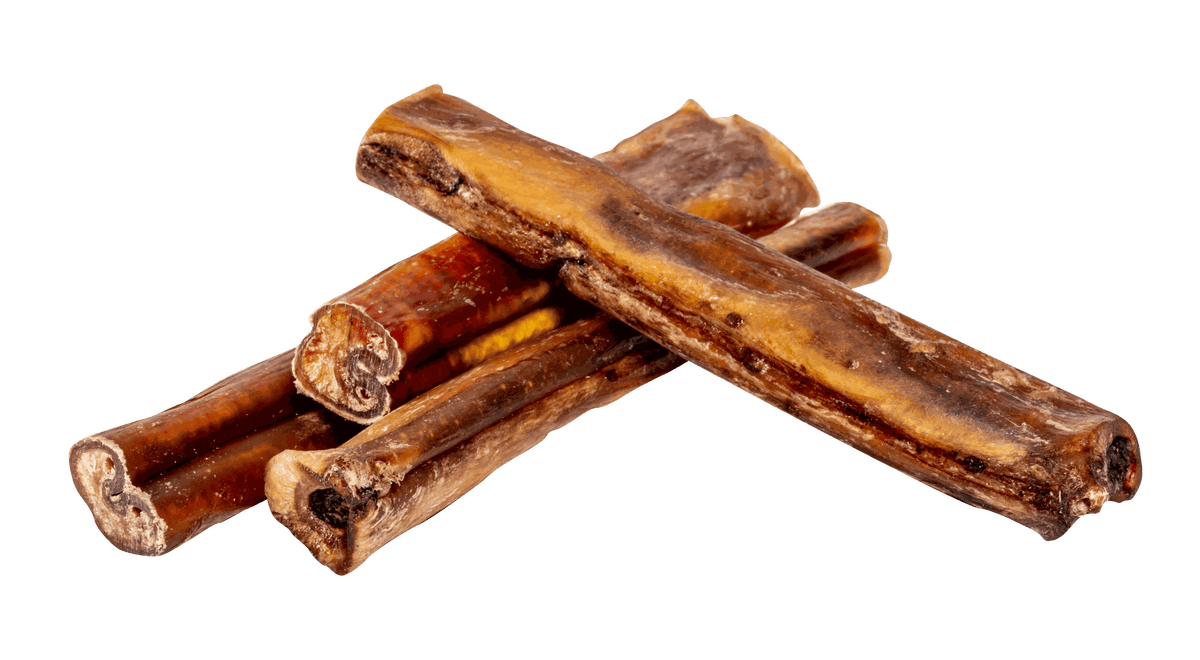 Bully sticks are brown, dried beef chews with a firm, fibrous texture and varied lengths and thicknesses.
