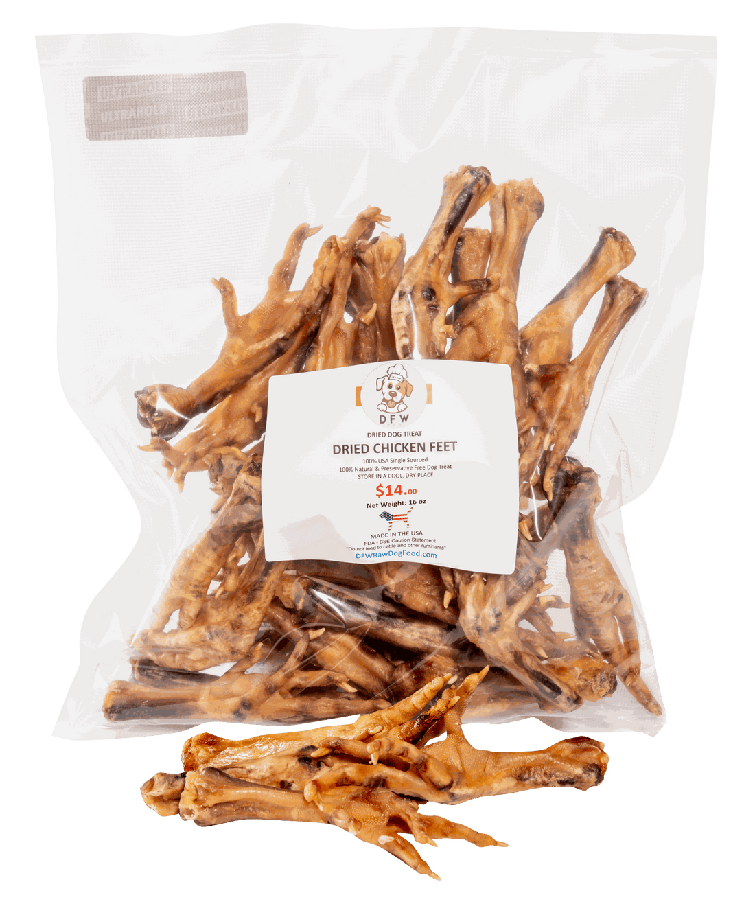 Dried chicken feet in a resealable bag, natural dog chew for joint and dental health.