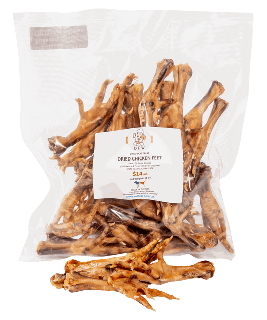 Dried chicken feet in a resealable bag, natural dog chew for joint and dental health.
