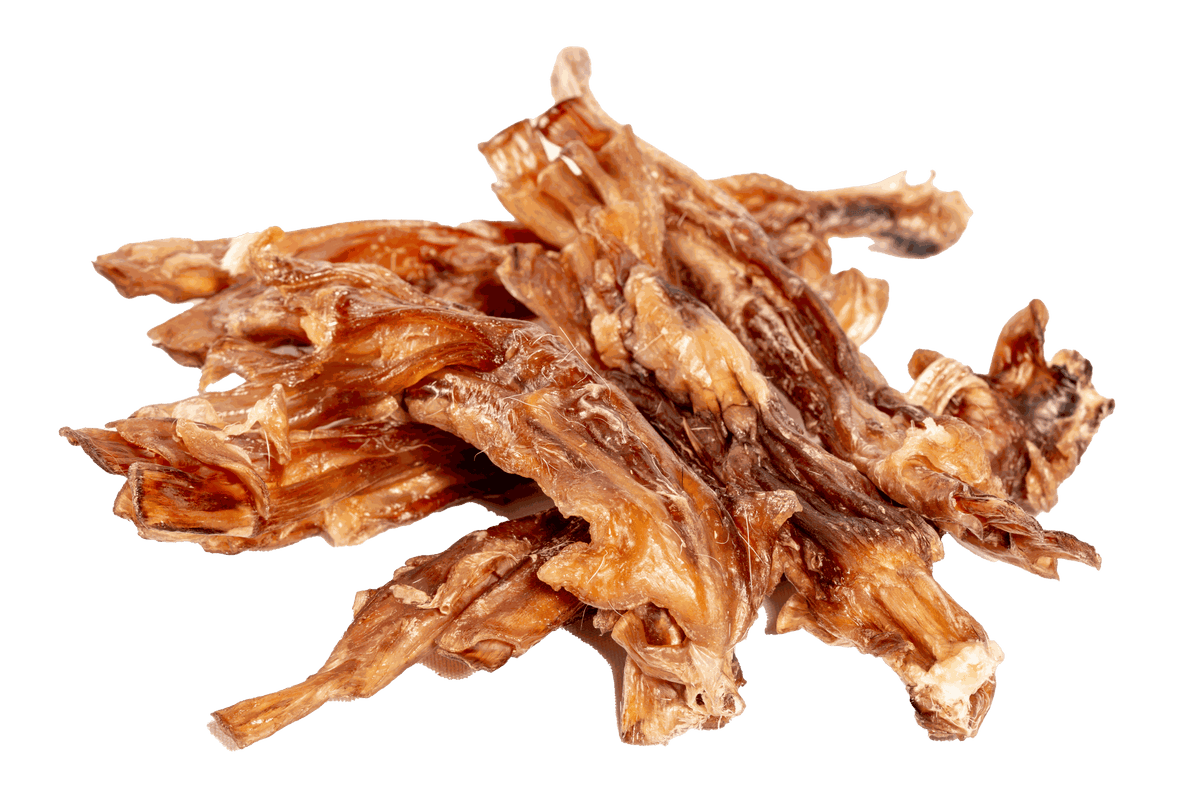 Jr Chews: Natural Veal Beef tendon treats, golden brown and fibrous with irregular, twisted strips.