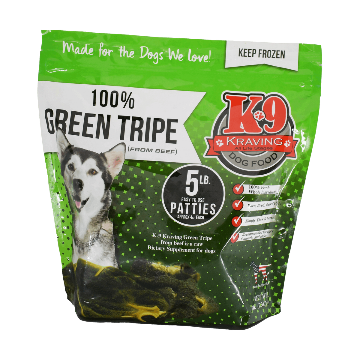 Green Tripe dog food in a green and black printed frozen pouch, featuring five beef patties and a dog illustration.