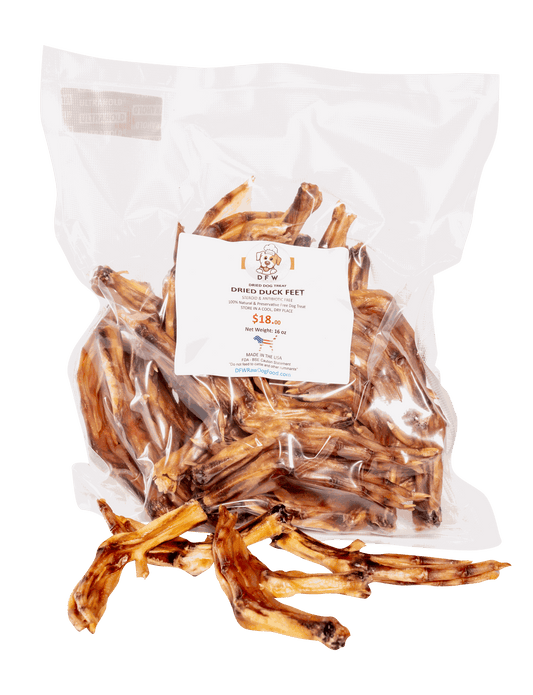 Bag of dried duck feet treats for dogs, promoting joint health and dental hygiene.