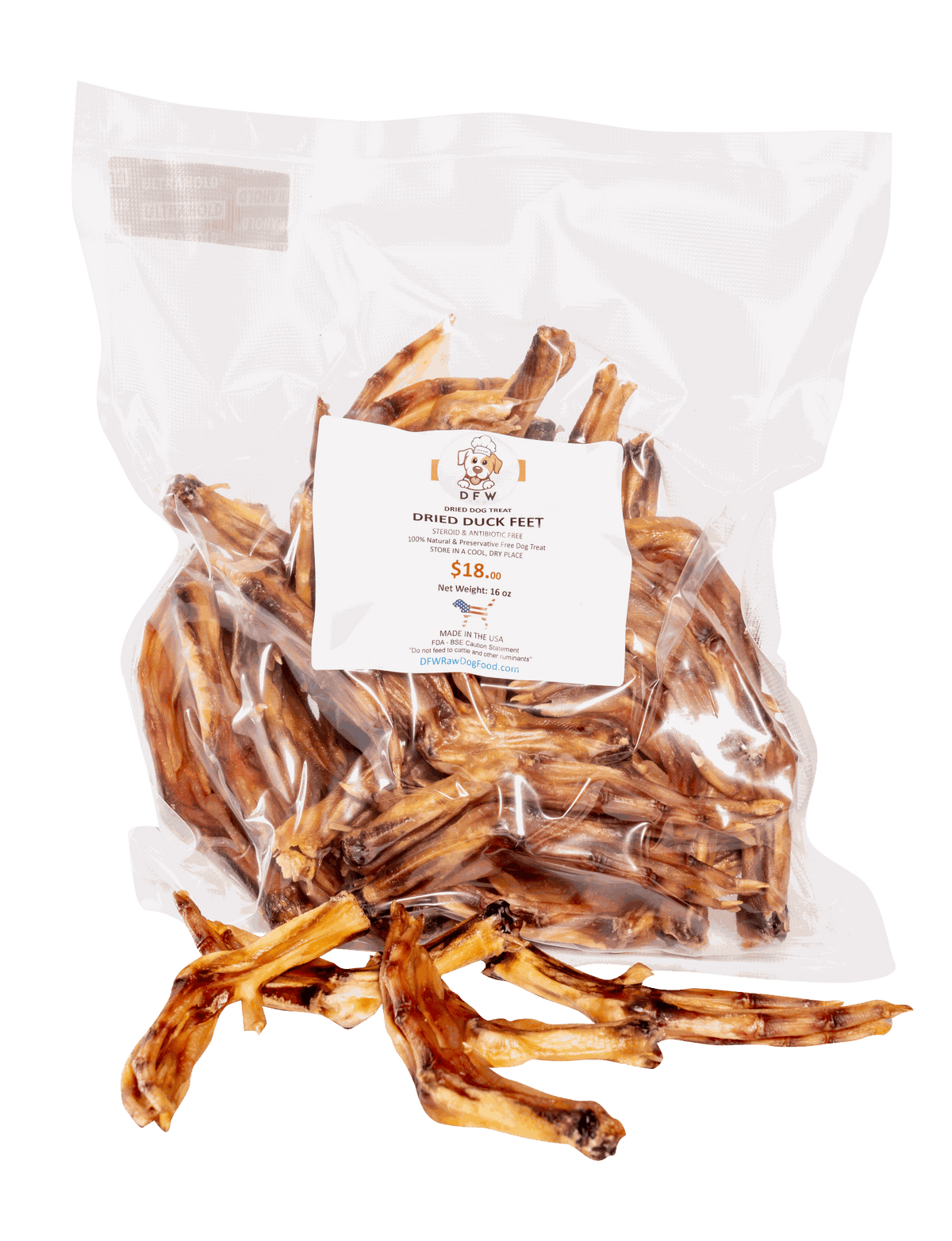 Dried duck feet in a clear plastic bag, golden-brown dehydrated chews with a white product label.