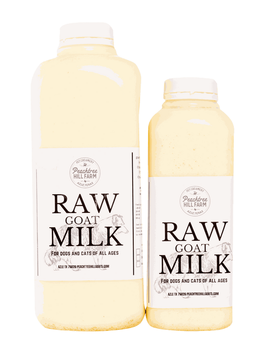 Bottles of raw goat’s milk for dogs, labeled "raw goat milk" from Peachtree Hill Farm.
