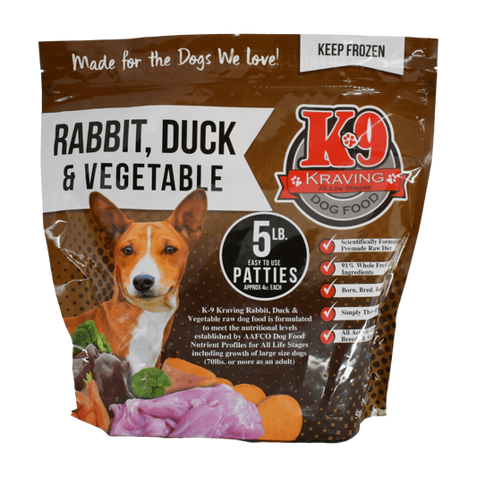 K-9 Kraving Rabbit Duck & Vegetable Formula Raw Dog Food 5 lb Bag of Patties Front
