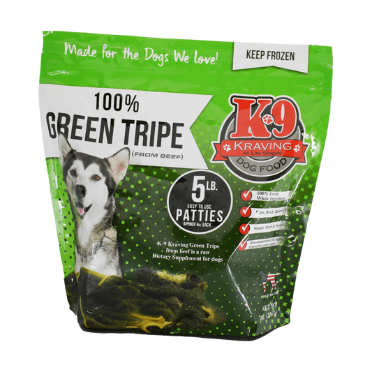 K-9 Kraving Green Beef Tripe Raw Dog Food 5 lb Bag of Patties Front