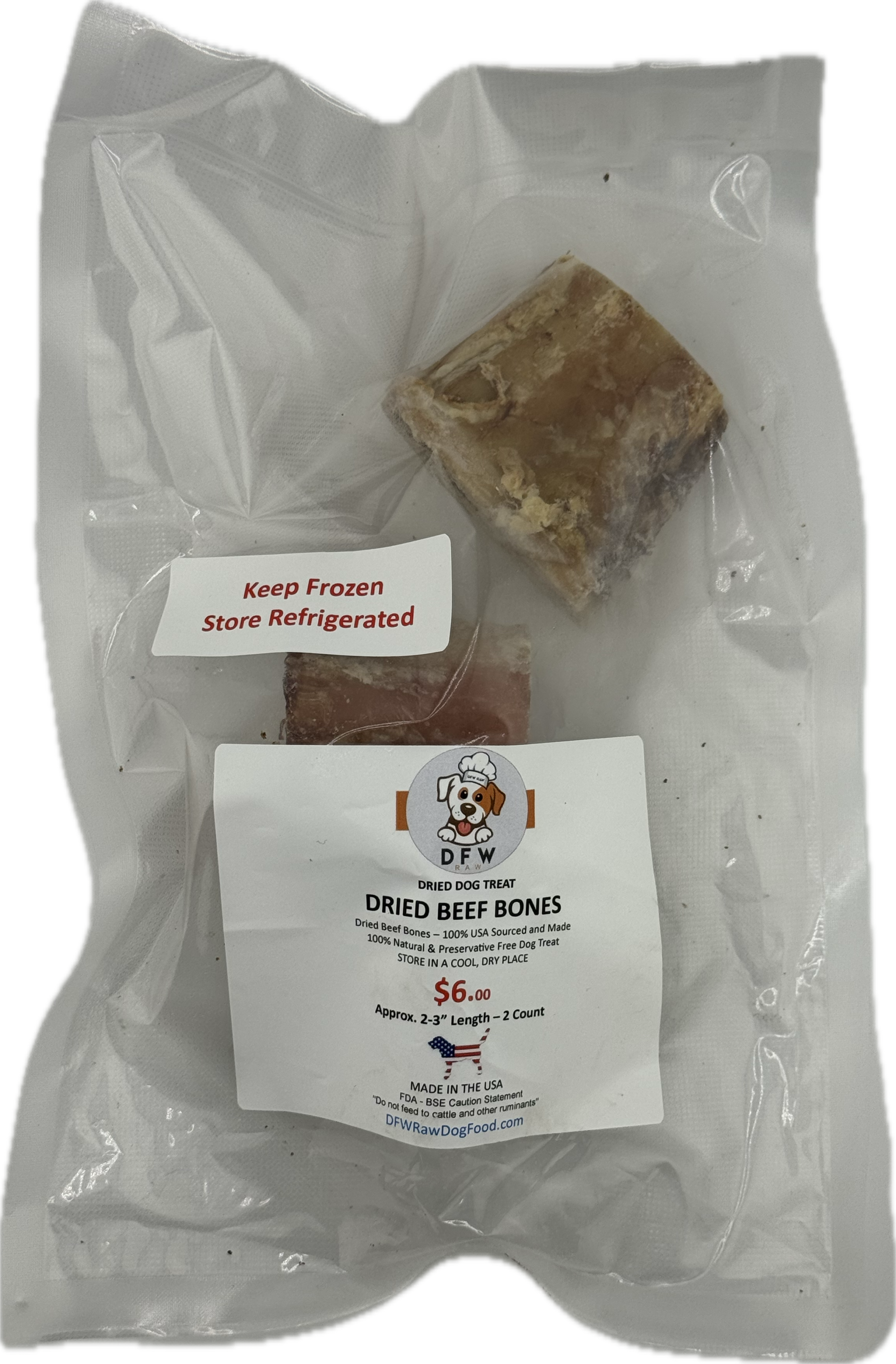 Dried Beef Bone - 2-3 inch, all-natural USA sourced dog treat in packaging.