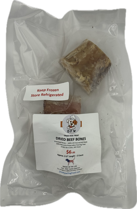 Dried Beef Bone - 2-3 inch, all-natural USA sourced dog treat in packaging.