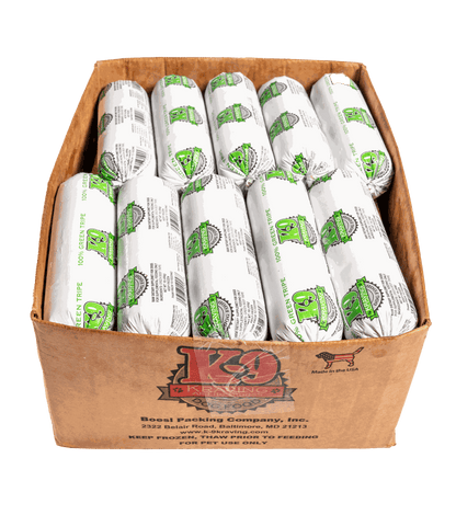 Box of K-9 Kraving Green Tripe packages, ideal raw dog food supplement for gut health and coat support.
