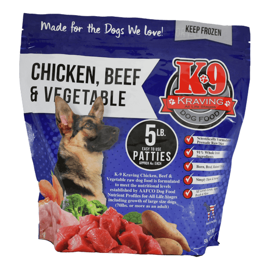 K-9 Kraving Chicken Beef & Vegetable Formula Raw Dog Food 5 lb Bag of Patties Front