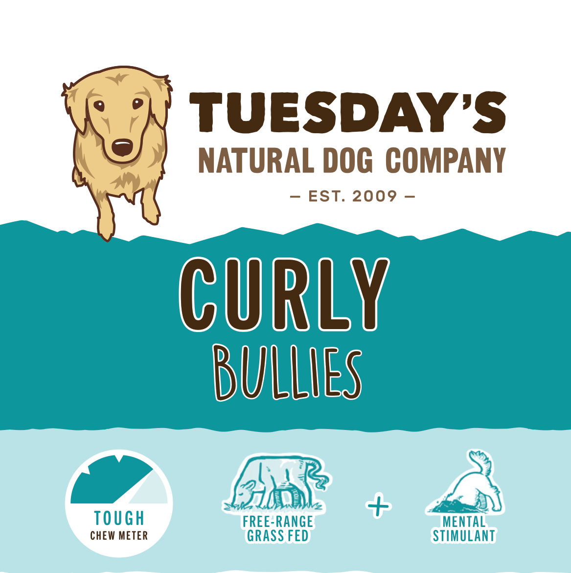 5" Curly Bully Sticks in a natural beef chew; packaging features a dog illustration and teal, tan, and brown graphics.