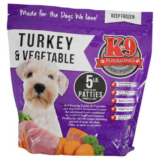 K-9 Kraving Turkey & Vegetable Formula Raw Dog Food 5 lb Bag of Patties Front