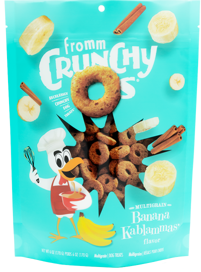 CRUNCH O's Banana Kablammas dog treats, multigrain flavor, 170g bag.