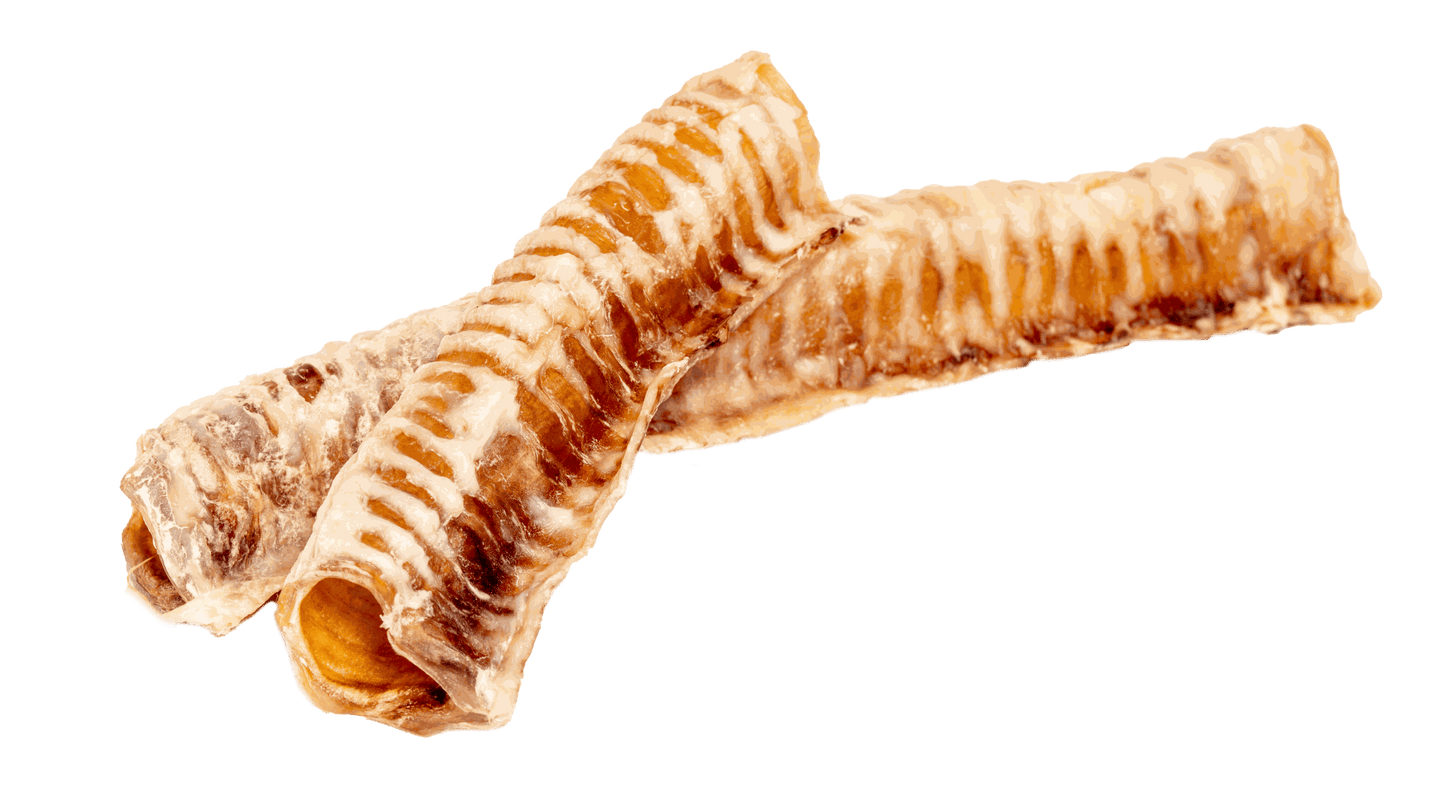 Dried beef trachea chew treat for dogs promoting joint health and dental care.