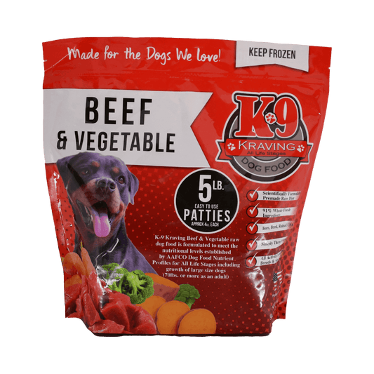 K-9 Kraving Beef & Vegetable Formula Beef Raw Dog Food 5 lb Bag of Patties Front