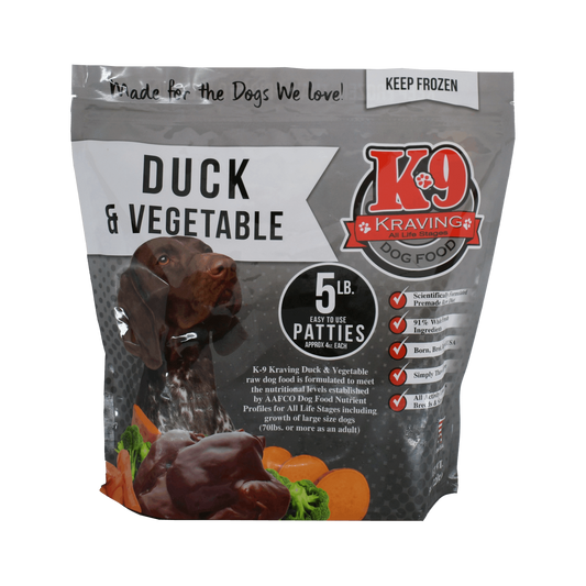 K-9 Kraving Duck & Vegetable Formula Raw Dog Food 5 lb Bag of Patties Front