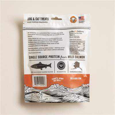 Back of Alaskan Salmon Chips 4oz bag for dogs with nutritional info and wild salmon source details