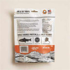 Back of Alaskan Salmon Chips 4oz bag for dogs with nutritional info and wild salmon source details