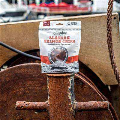Alaskan Salmon Chips dog treats in 4oz bag made from wild caught sustainable salmon rich in omega fatty acids