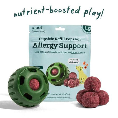 Allergy Support dog toy set with green durable plastic pops and red textured refill treats, labeled as Calming Vitamin Pops Copy.