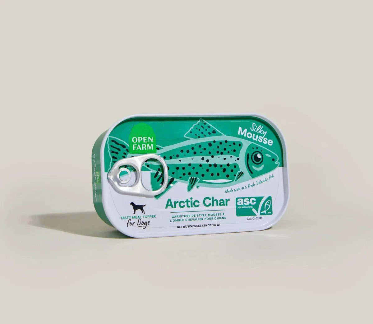 Arctic Char Topper for Dogs in a teal and white pull-tab can, with illustrated fish and silky mousse labeling.
