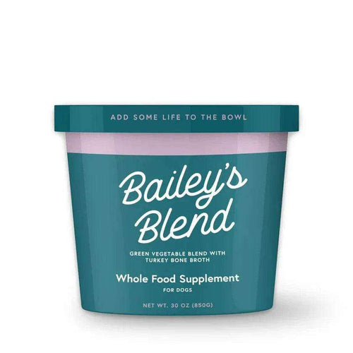 Bailey’s Blend green vegetable blend in teal container with white text, a whole food supplement for dogs with turkey bone broth