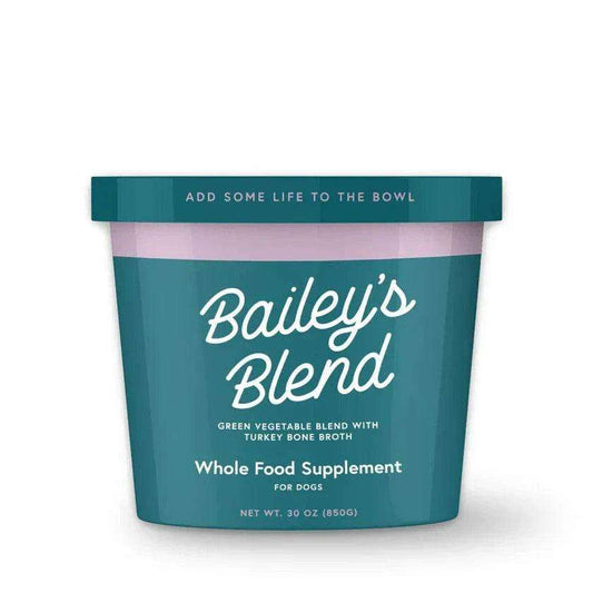 Bailey’s Blend frozen vegetable supplement with organic greens and turkey bone broth for dogs