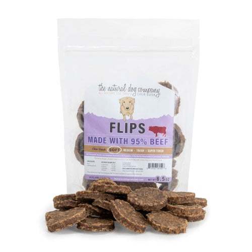 Beef Flips dog treats made with 95% beef, soft and springy texture, ideal for training and sensitive dogs