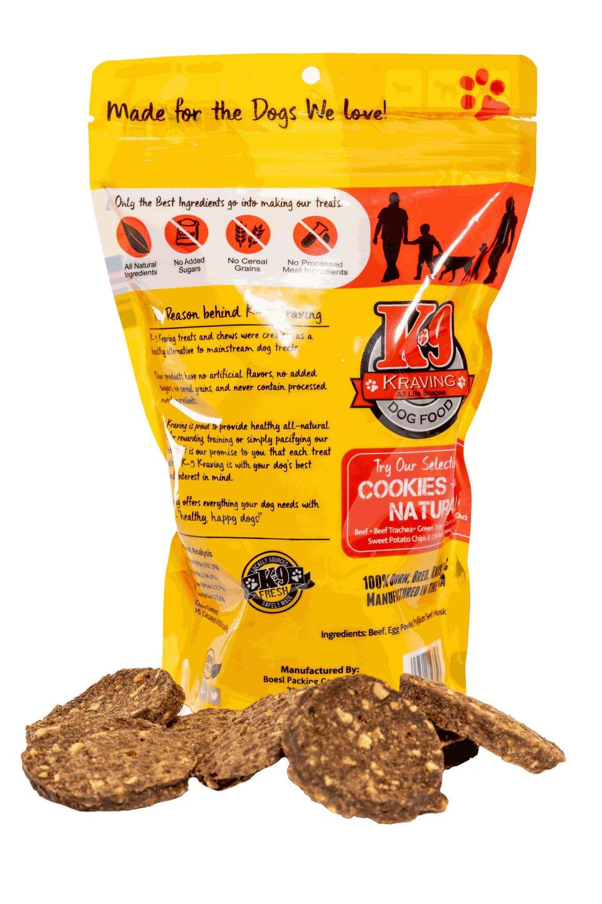 Beef K-9 Cookies in a yellow and orange resealable bag, with flat, brown, speckled baked treats displayed in front.