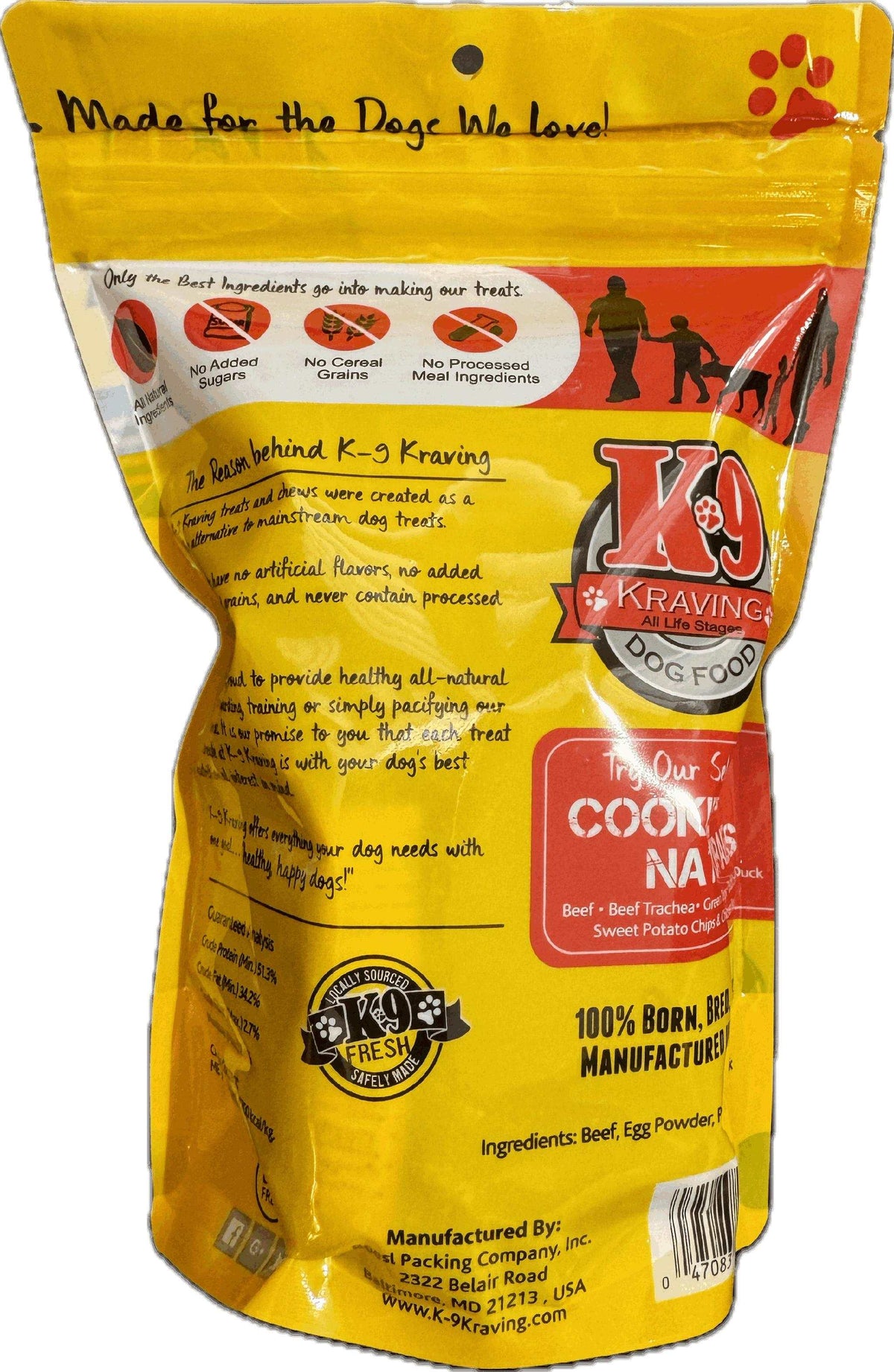 Beef K-9 Cookies in a glossy yellow and orange pouch, with red and black dog graphics and printed lettering.
