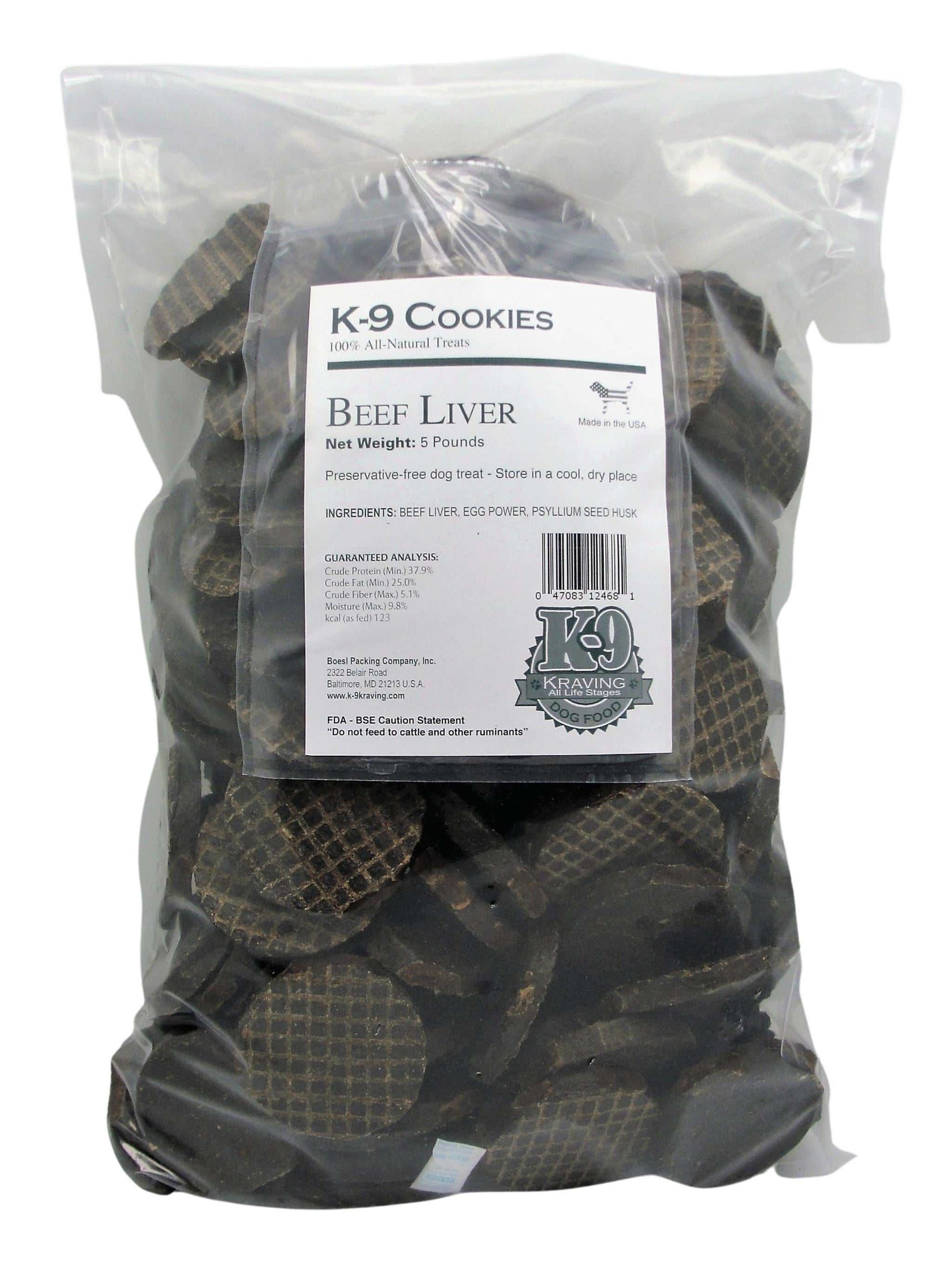 Beef Liver K-9 Cookies in 5 lbs bag, natural dog treats.