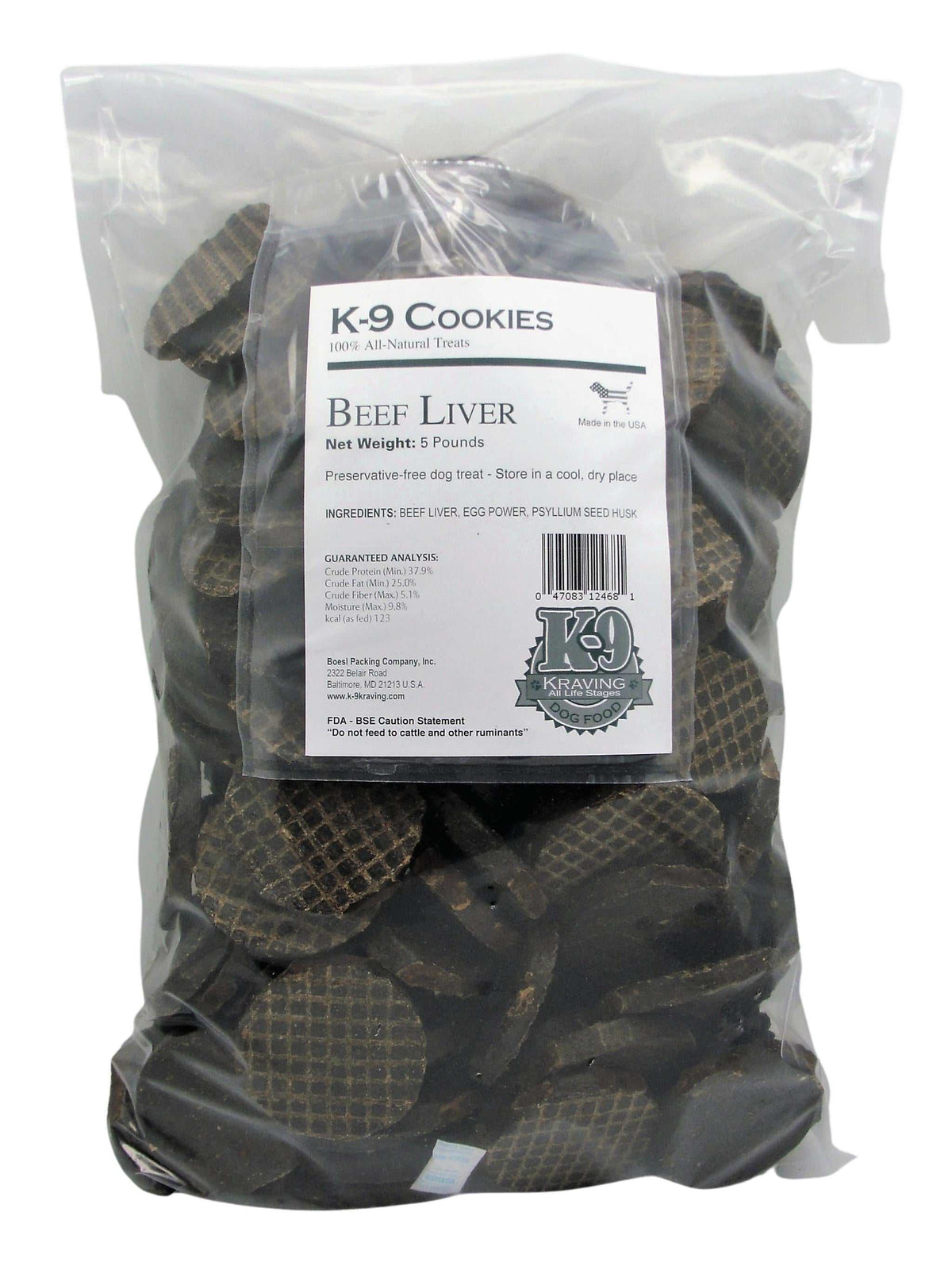 Beef Liver K-9 Cookies in a clear plastic 5 lb bag, showing dark brown round and irregular treats with grid-textured surfaces.