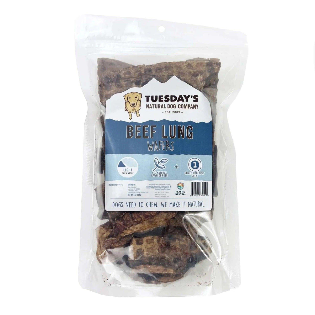 Beef Lung Wafers in a clear resealable pouch, showing irregular, dark brown, rough-textured pieces with a blue label.