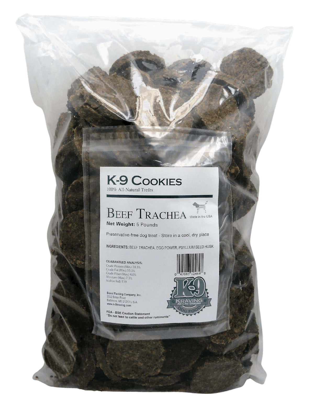 Beef Trachea K-9 Cookies in a clear plastic bag, featuring dark brown, rough-textured round beef treats.