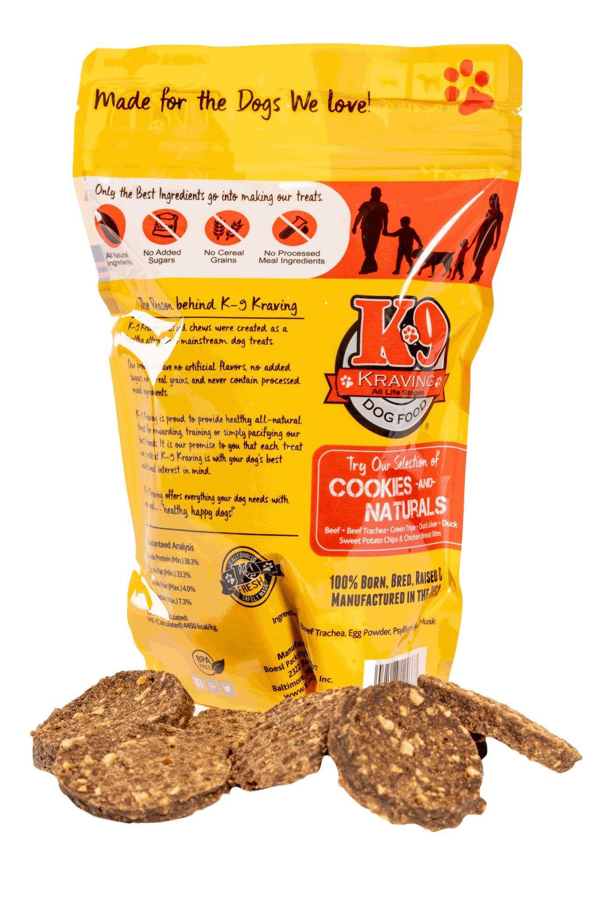 Beef Trachea K-9 Cookies in a yellow resealable pouch with brown, round, textured treats made from beef trachea.