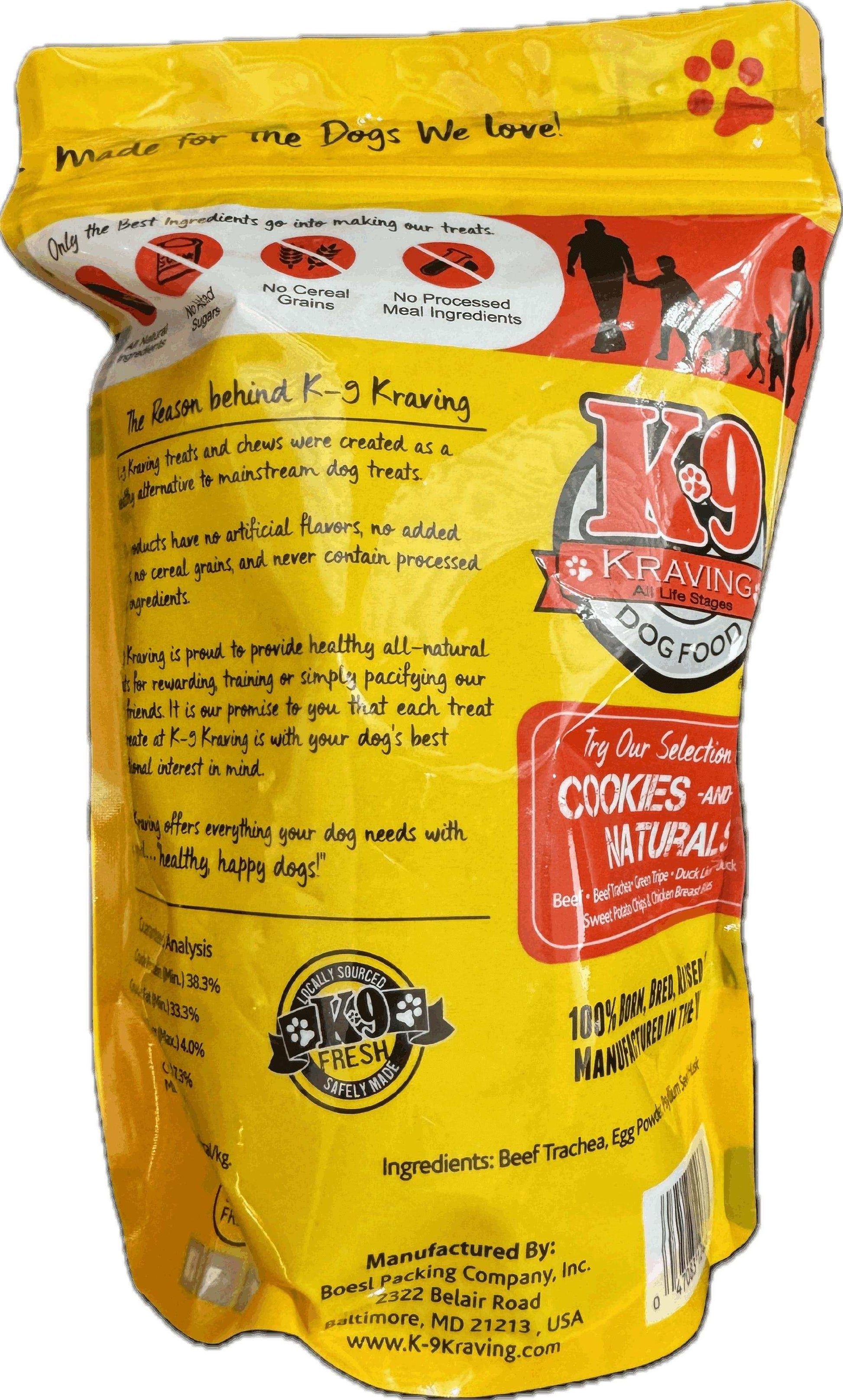 Beef Trachea K-9 Cookies packaging, 100% USA sourced dog treat with natural ingredients, suitable for all breeds and sizes.
