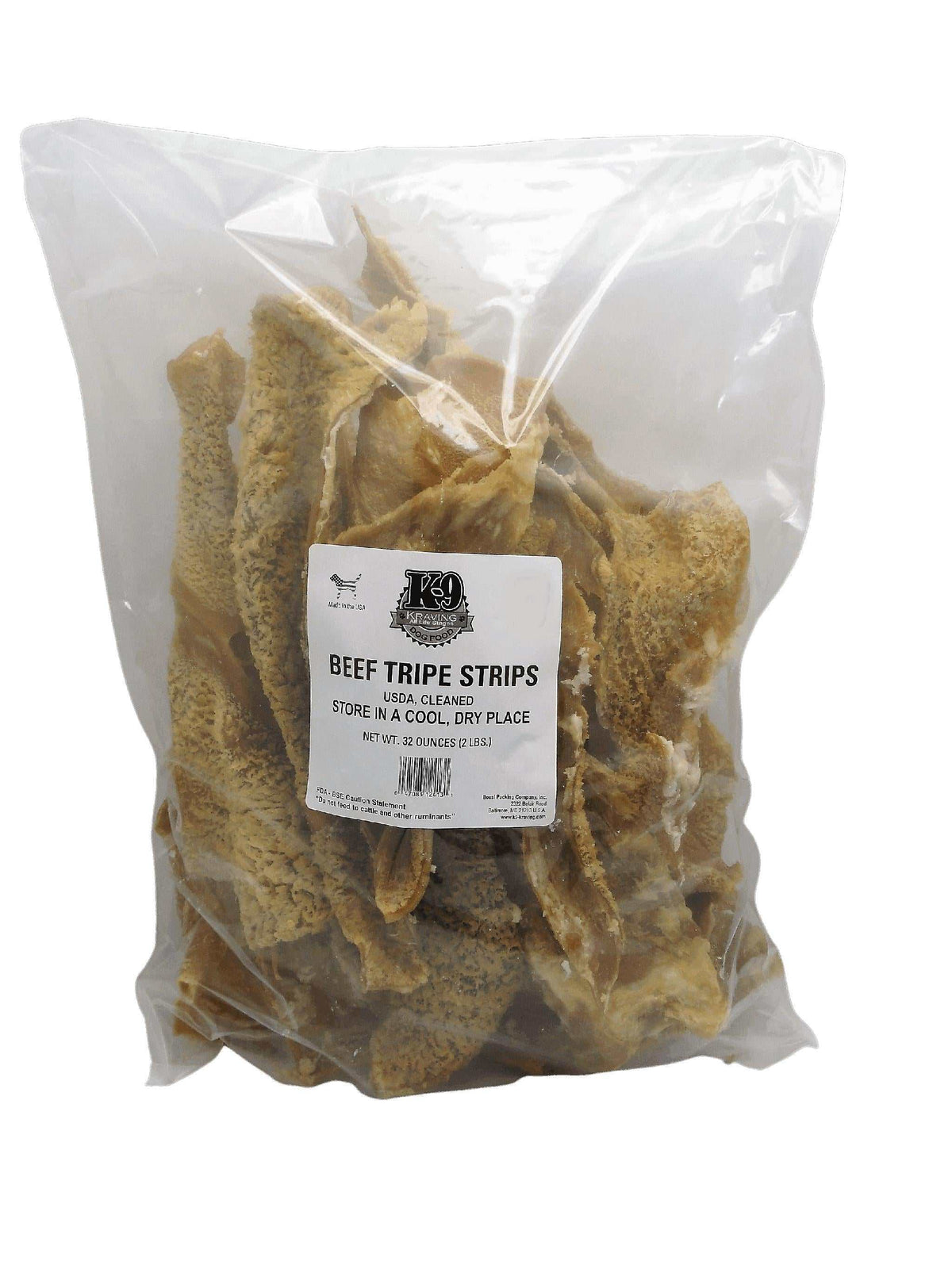Beef Tripe Strips in a clear plastic bag, with tan, irregular textured pieces and a centered label.