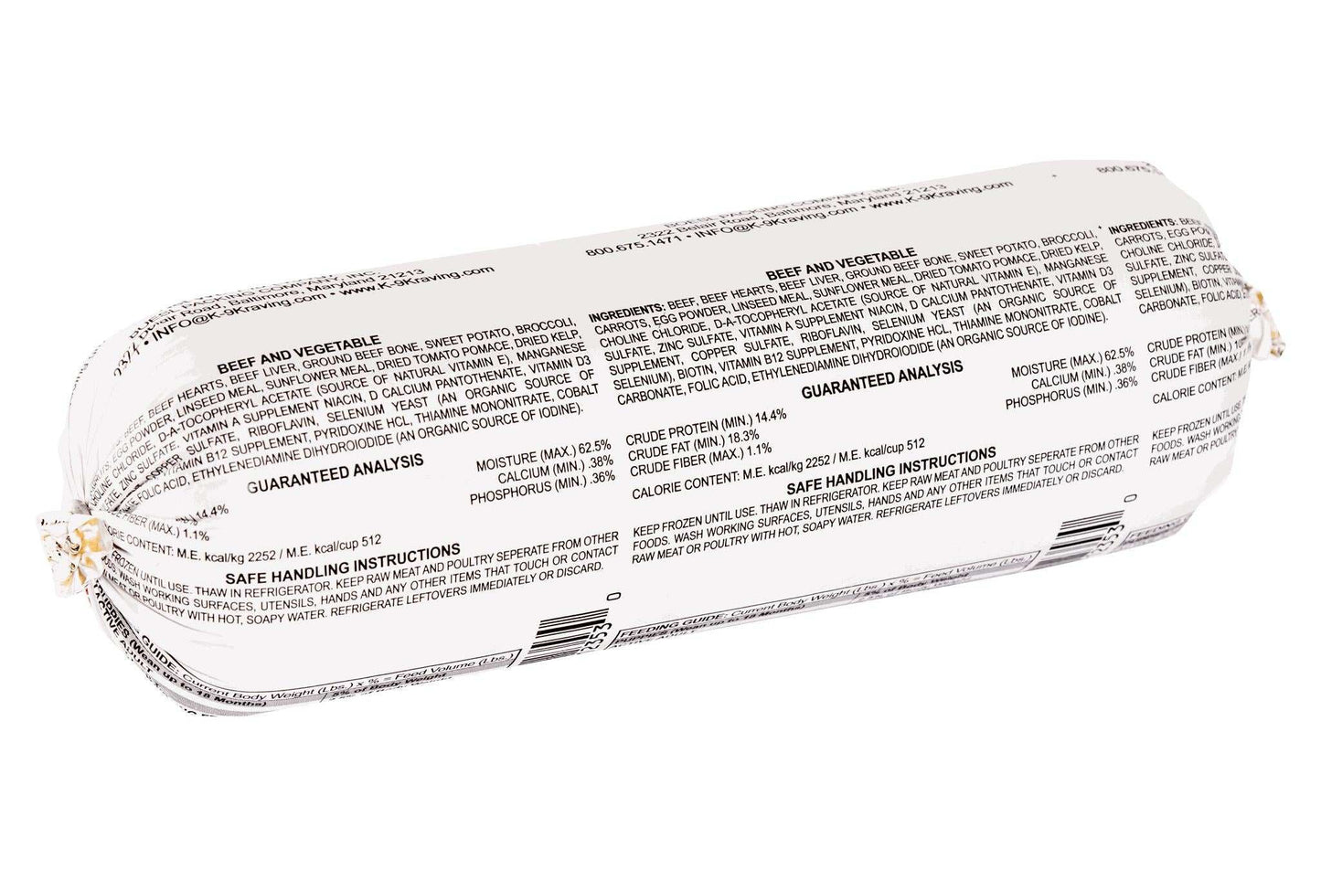 K-9 Kraving Beef & Vegetable Formula Raw Dog Food package showing ingredients and nutritional information.