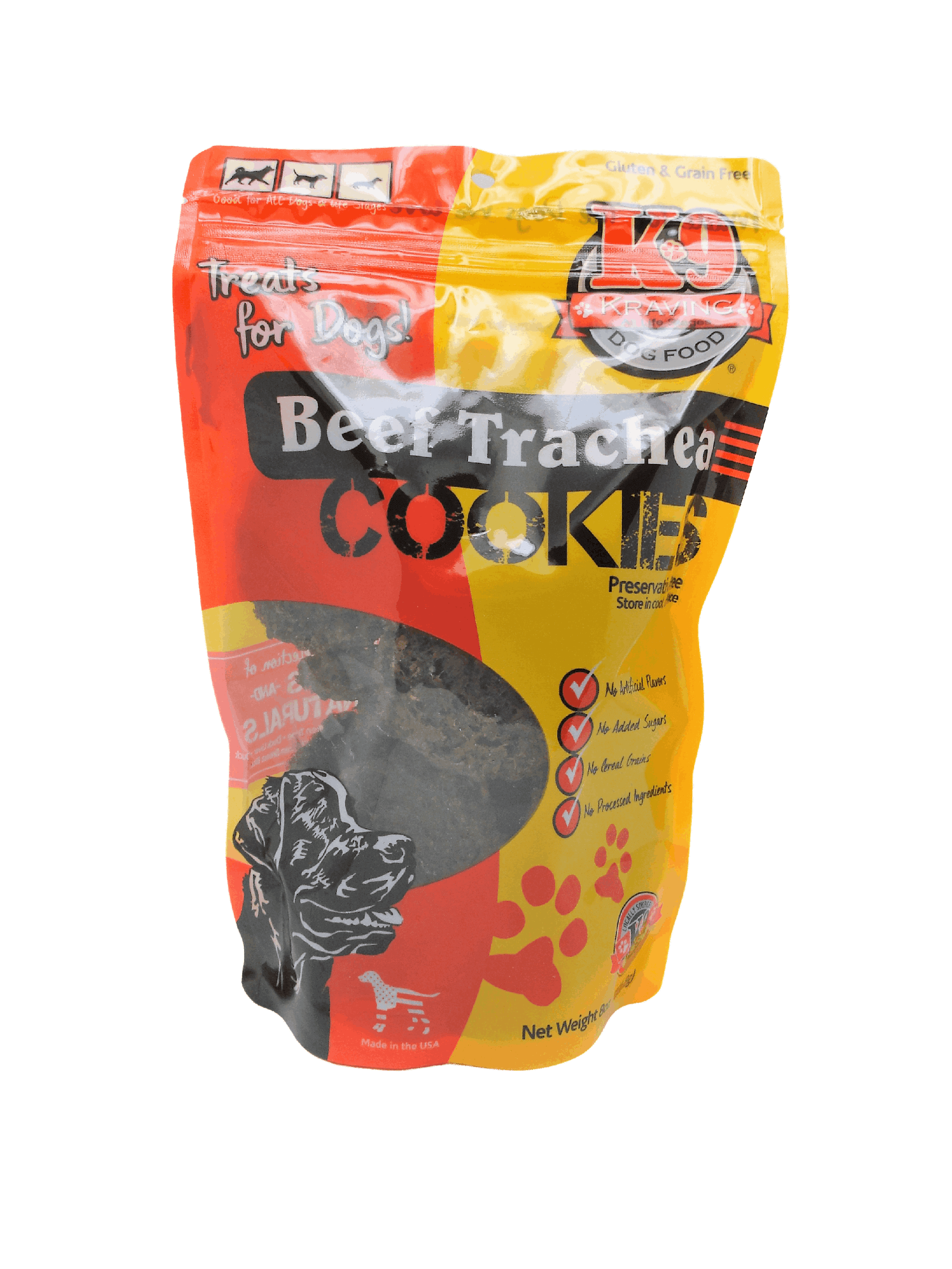 Beef Trachea K-9 Cookies packaging with 100% USA sourced treats for dogs.
