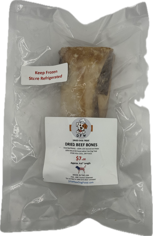 Dried beef bone 4-6 inch, USA sourced, in vacuum-sealed packaging with storage instructions.