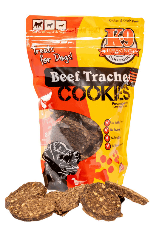Beef Trachea K-9 Cookies in a vibrant packaging with dog treat pieces displayed.