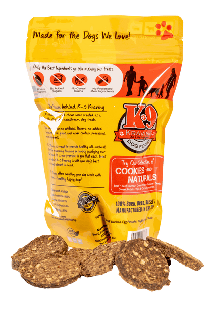 Beef Trachea K-9 Cookies, 100% USA sourced, 3-ingredient dog treat packaging.